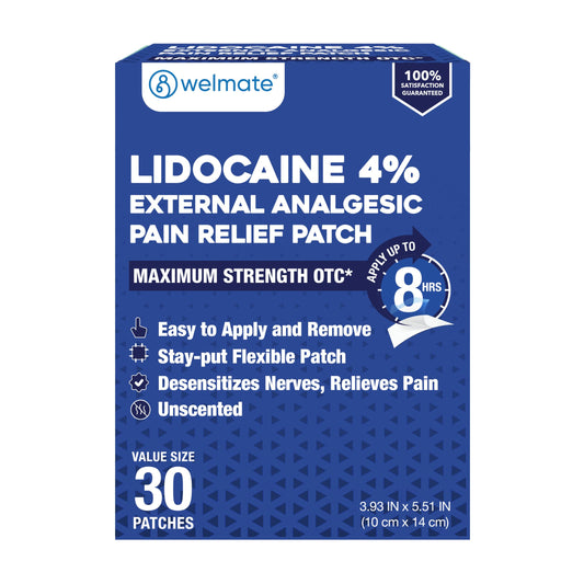 WelMate 4percent lidocaine patch box for fast temporary relief from localized pain.