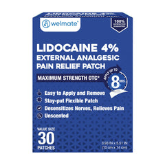 WelMate 4percent lidocaine patch box for fast temporary relief from localized pain.