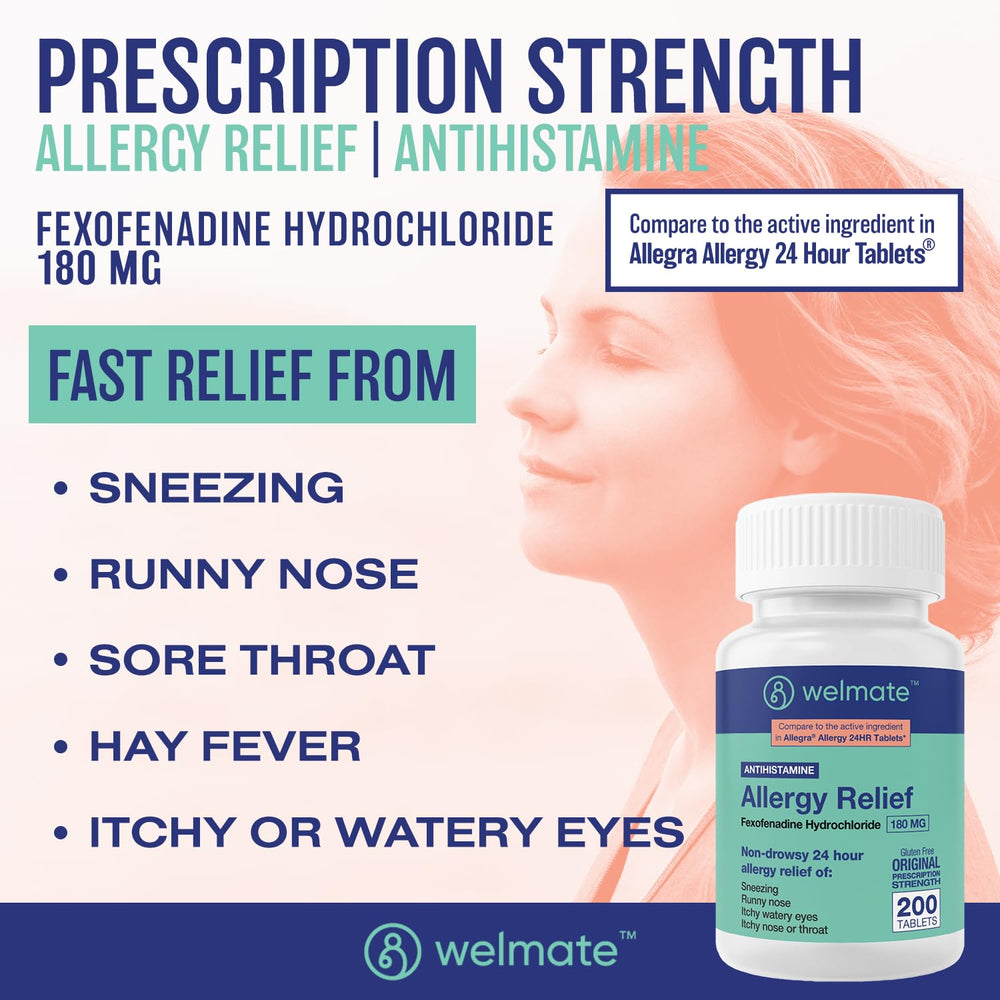 WELMATE allergy relief bottle with 180mg tablets for non-drowsy daily use.