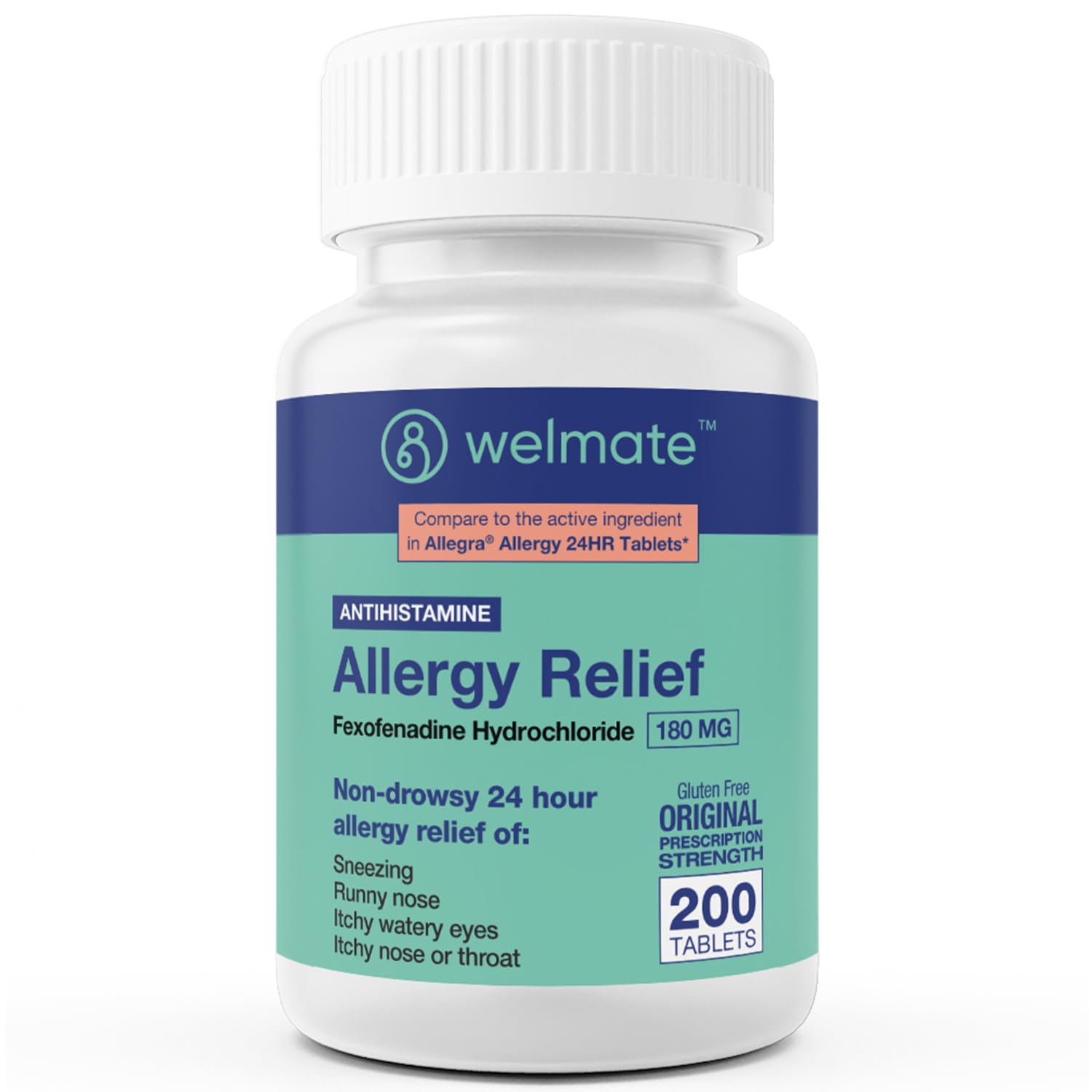 WELMATE allergy relief 180mg tablets packaging for all-day relief.