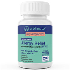 WELMATE allergy relief 180mg tablets packaging for all-day relief.