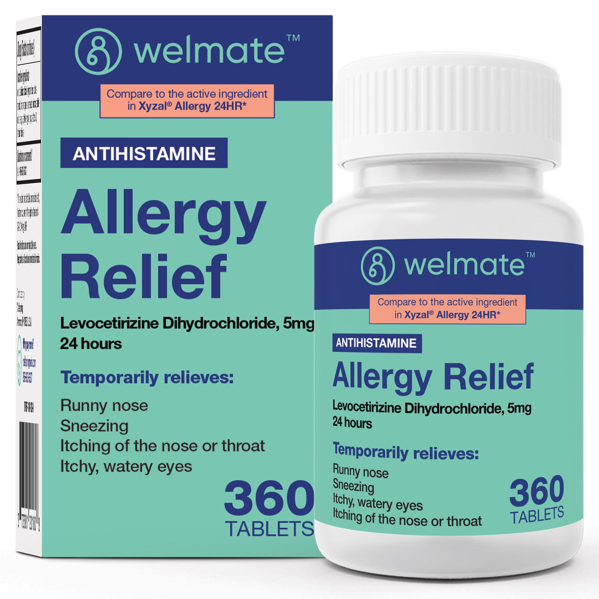WELMATE bottle and pills 360ct on display, ready for daily allergy relief.