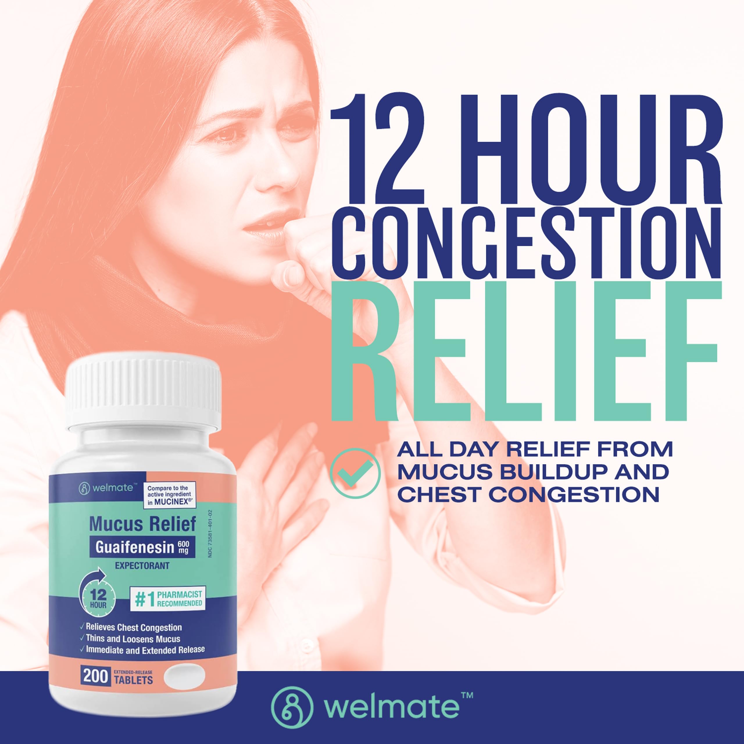 Bi-layer WELMATE Mucus Relief tablet showing immediate and lasting action.