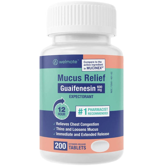 WELMATE Mucus Relief bottle front view with 600 mg tablets for mucus thinning.