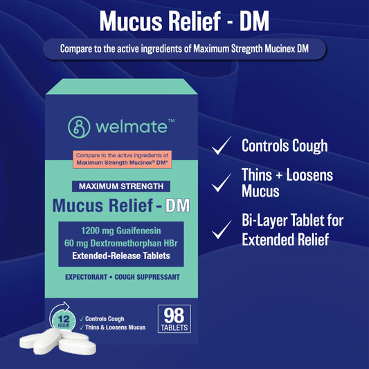 Close-up of WELMATE mucus relief DM tablet highlighting dual-layer design for immediate and 12-hour relief