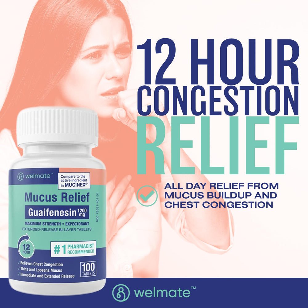 Welmate Mucus Relief tablet close-up highlights bi-layer design
