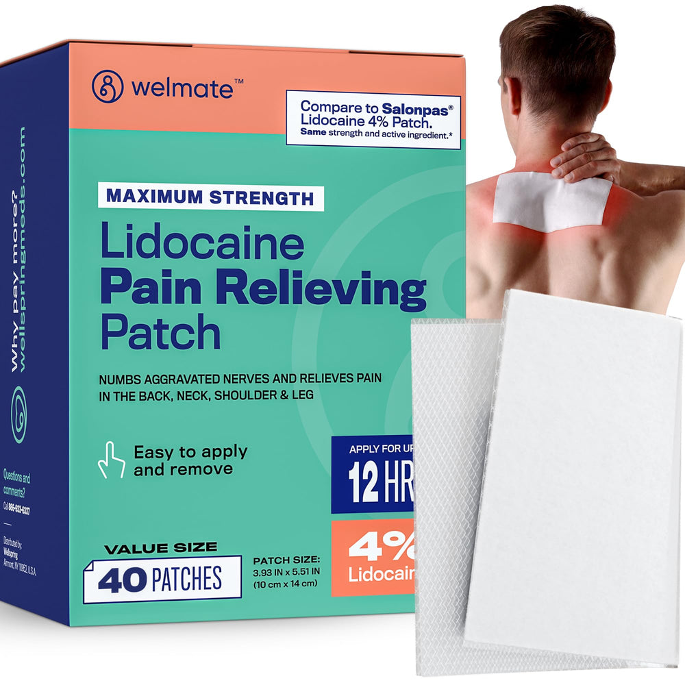 WELMATE patch with maximum-strength lidocaine 4% for hours of numbness on a clinical-looking area