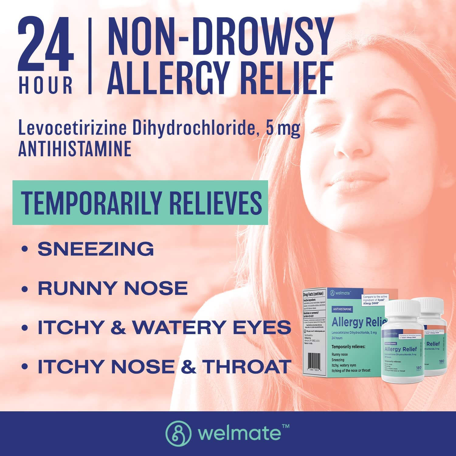 WELMATE tablets closeup highlighting 5 mg levocetirizine for quick relief.