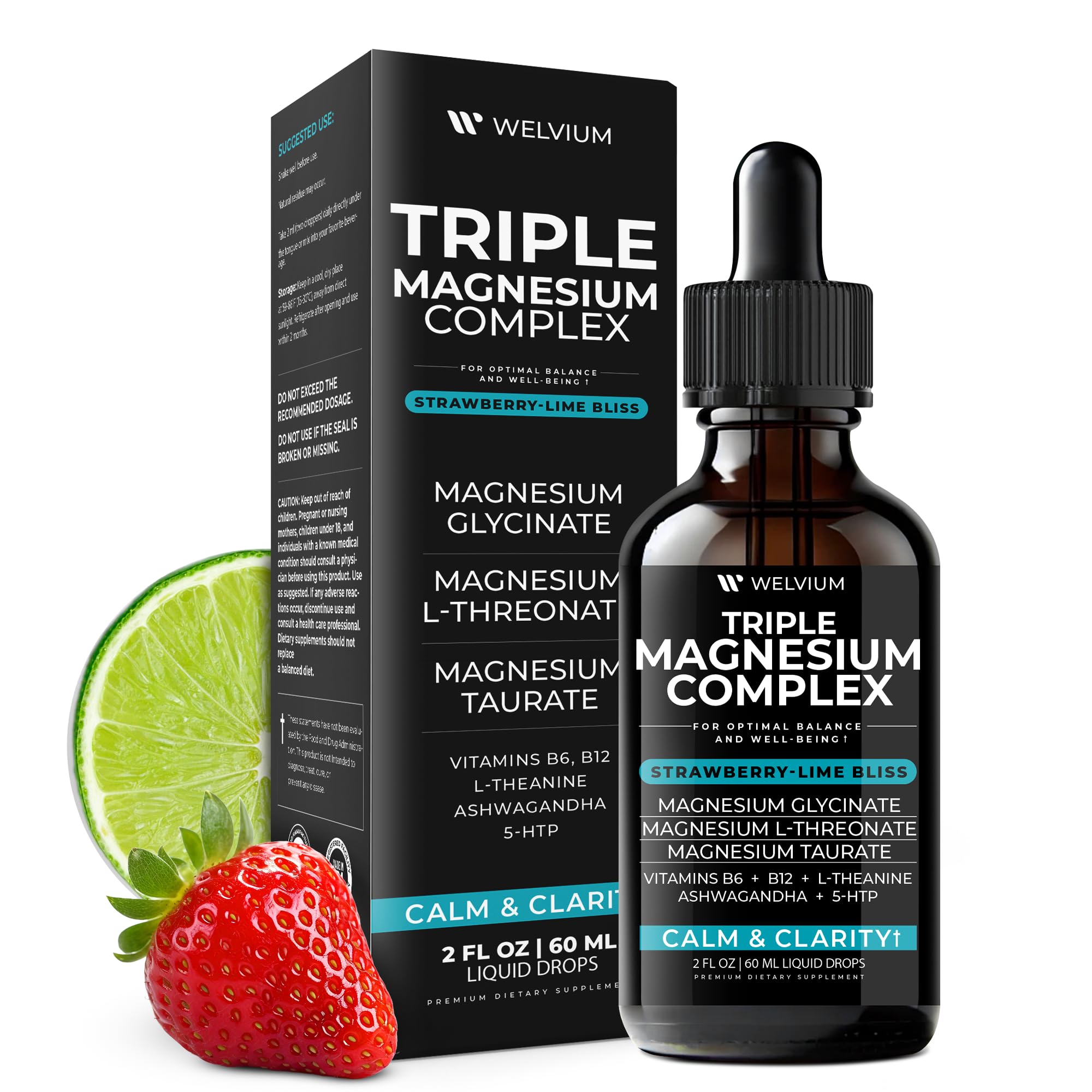 Welvium box featuring ashwagandha, L-Theanine, and 5-HTP for balanced botanicals.