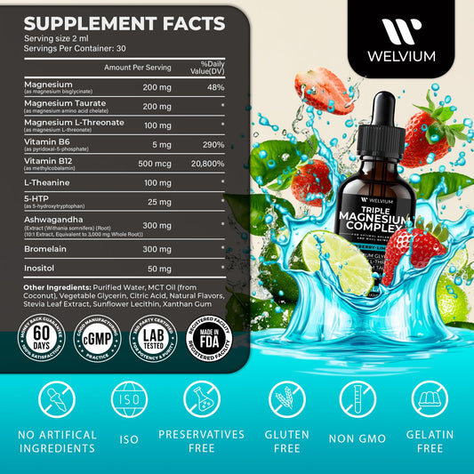 Welvium magnesium drops being poured to illustrate quick sublingual absorption for daily use.