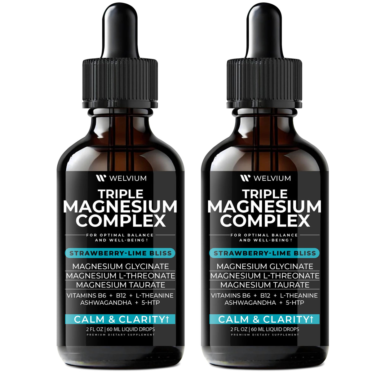 Welvium triple magnesium liquid drops bottle for convenient daily mineral support.