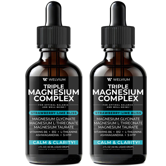 Welvium triple magnesium liquid drops bottle for convenient daily mineral support.