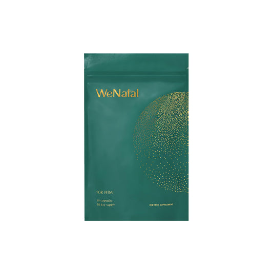 WeNatal for Him bottle pour shows easy daily dosing for preconception support.