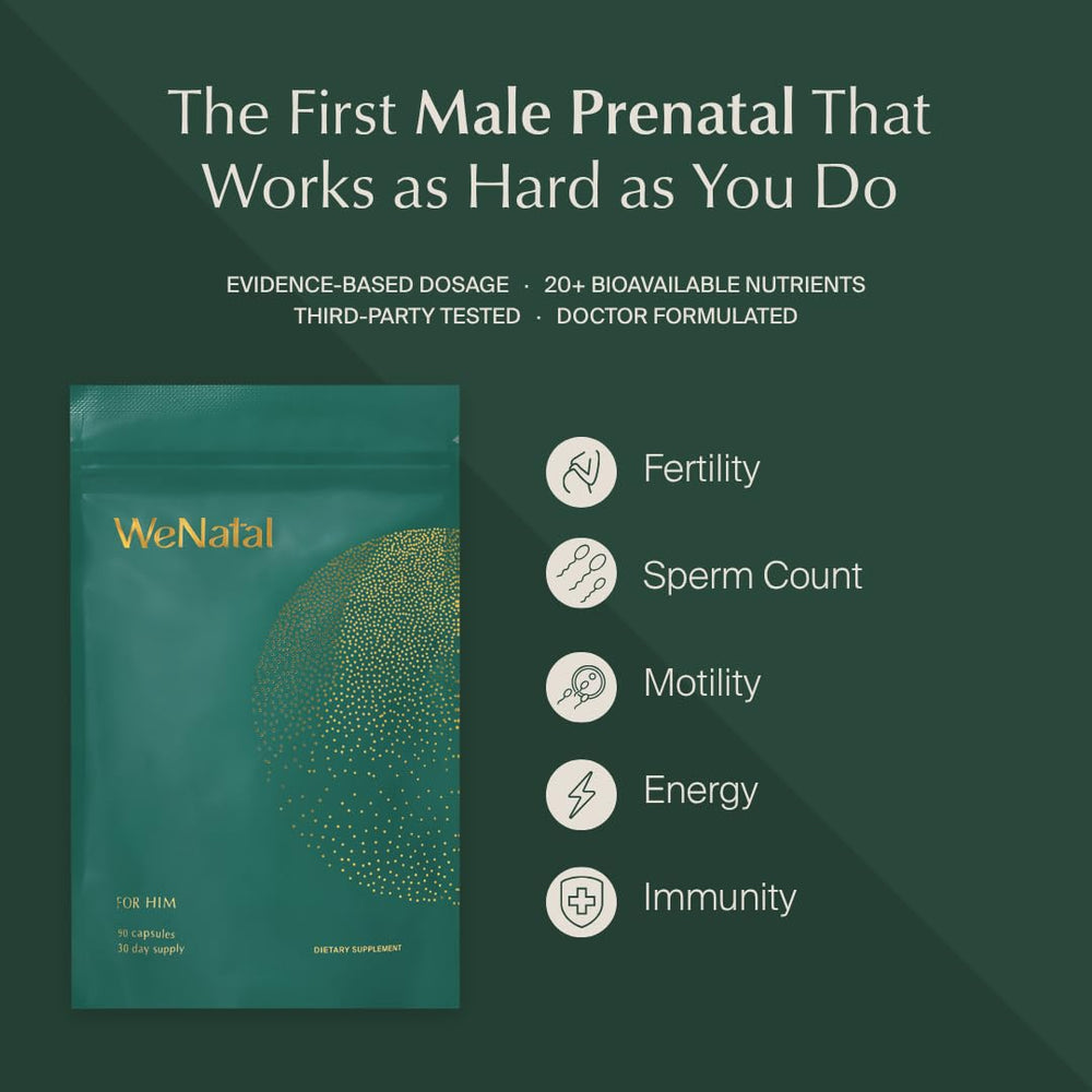 WeNatal for Him label front communicates clean, high-quality ingredients for planning pregnancy.