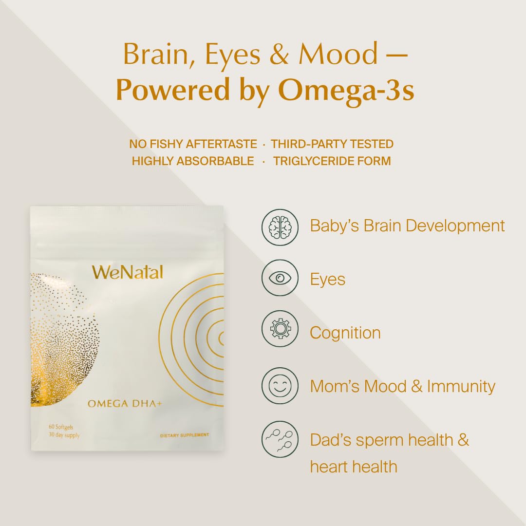 Closeup of WeNatal Omega DHA+ softgel capsules showing smooth texture