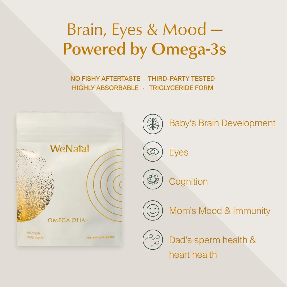 Closeup of WeNatal Omega DHA+ softgel capsules showing smooth texture