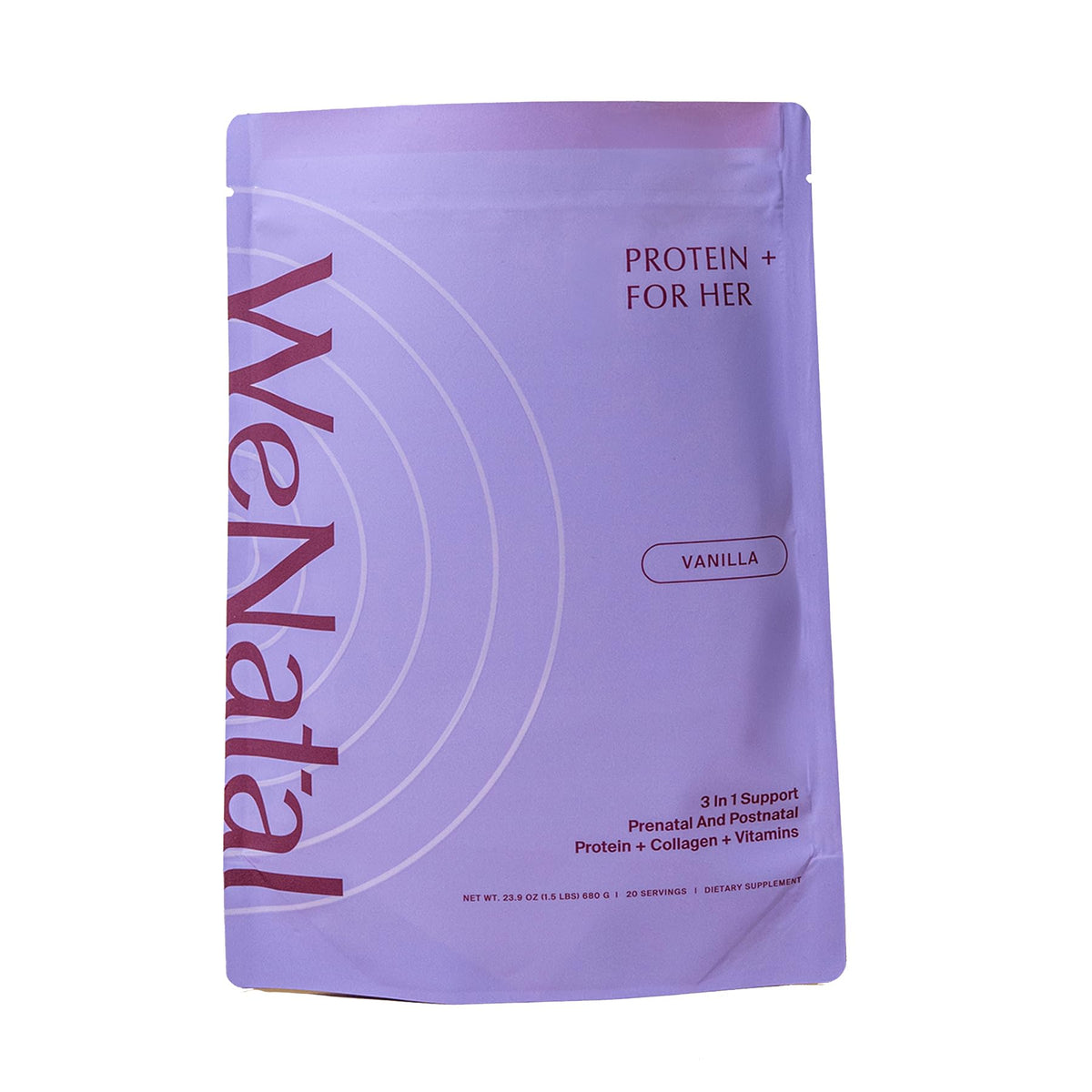 WeNatal Protein for Her bottle close-up showing clean prenatal protein for energy support