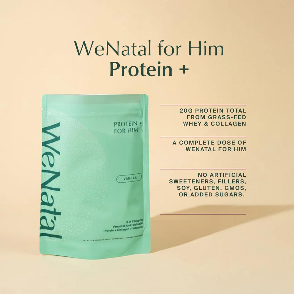 WeNatal Protein for Him vanilla shake in glass, ideal for convenient daily nutrition.