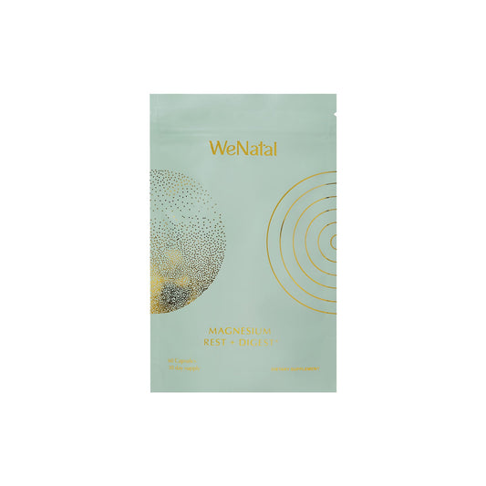 WeNatal Rest + Digest bottle front promotes calm and digestion support.