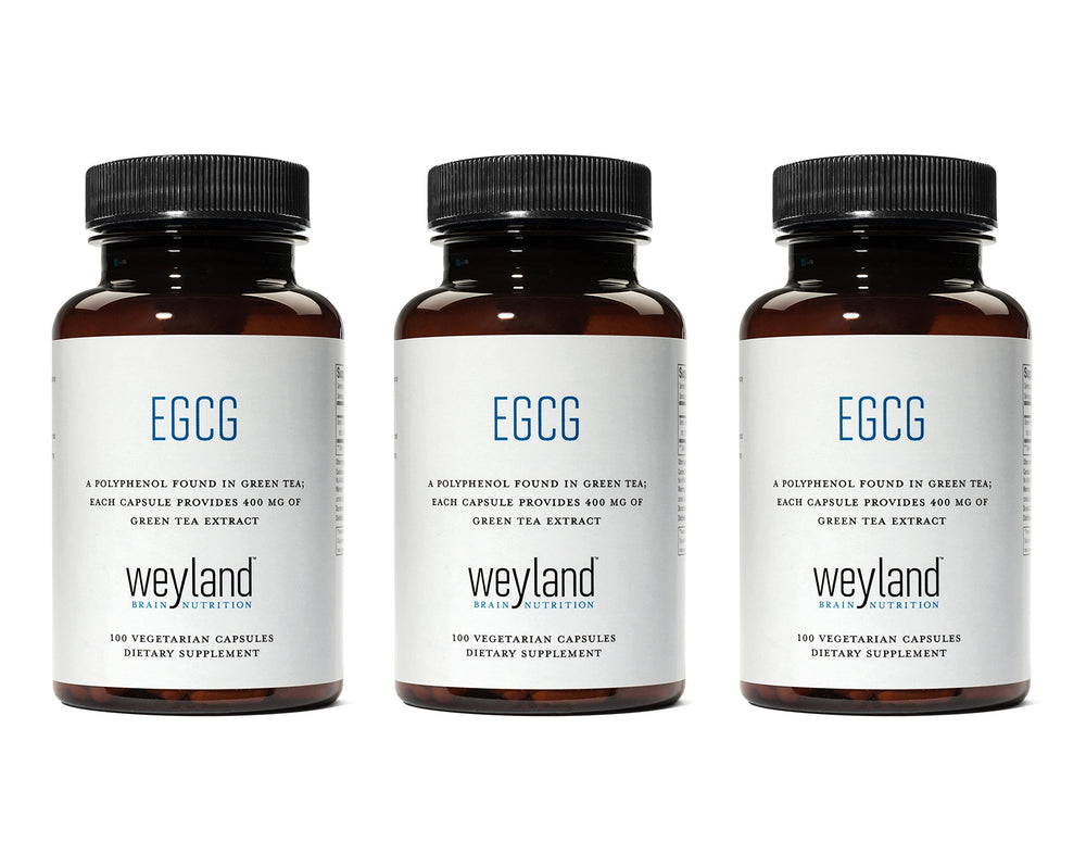 Weyland EGCG bottle front showing vegan, gluten-free antioxidant option.