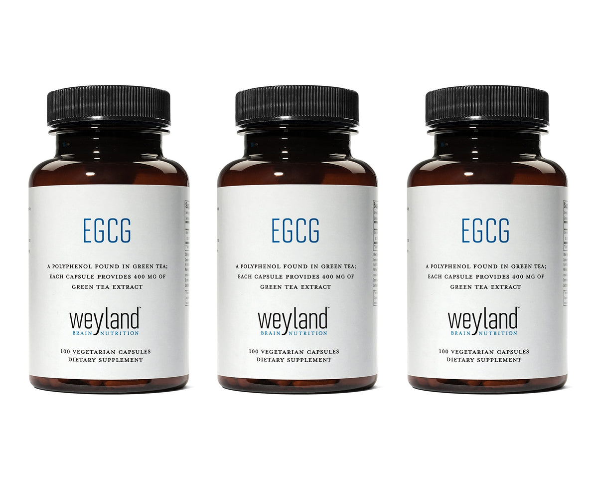 Weyland EGCG bottle front showing vegan, gluten-free antioxidant option.