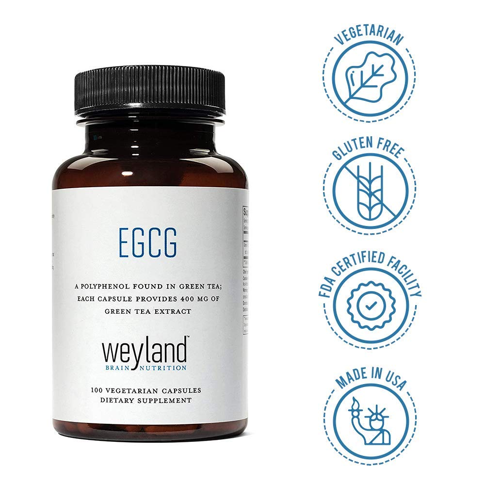 Weyland EGCG vegan gluten-free icons on packaging.