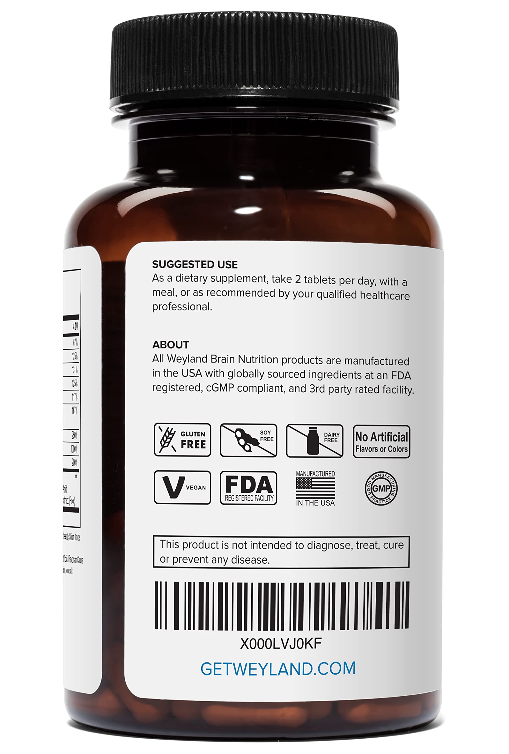 Weyland Energy tablets close-up highlighting caffeine and vitamins.