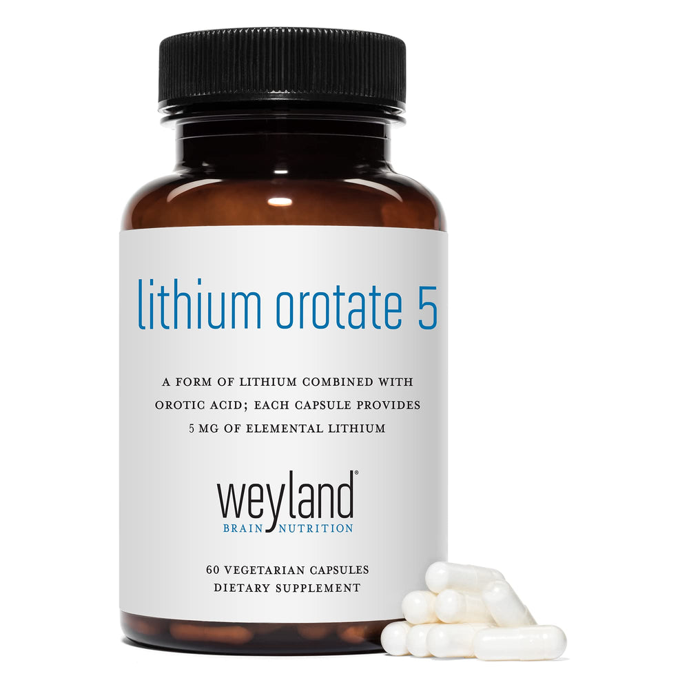 Weyland Lithium Orotate bottle displayed on a neutral desk for everyday wellness.