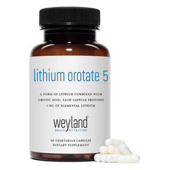 Weyland Lithium Orotate bottle displayed on a neutral desk for everyday wellness.