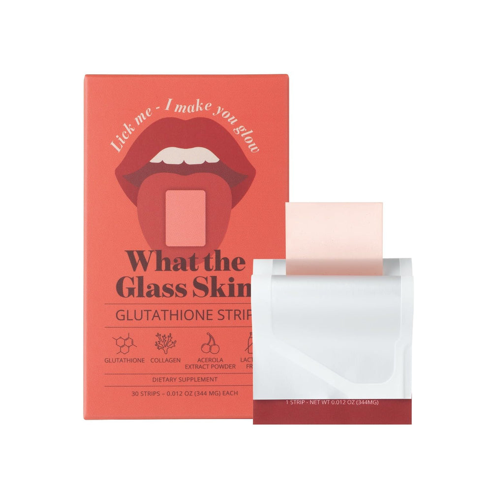 What the Glass Skin Glutathione Strip packaging highlights travel-friendly beauty support.