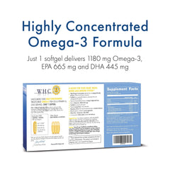WHC UnoCardio 1000 softgels close-up highlighting EPA and DHA per serving.