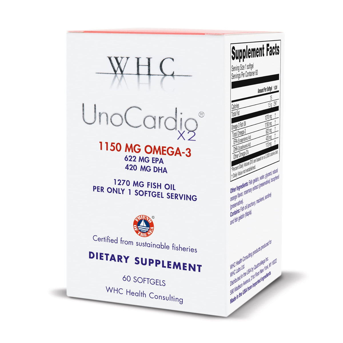 WHC UnoCardio X2 bottle front with omega-3 softgels for daily support