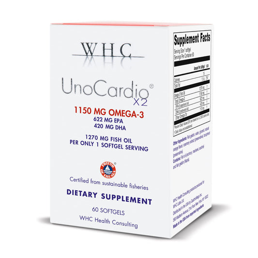 WHC UnoCardio X2 bottle front with omega-3 softgels for daily support
