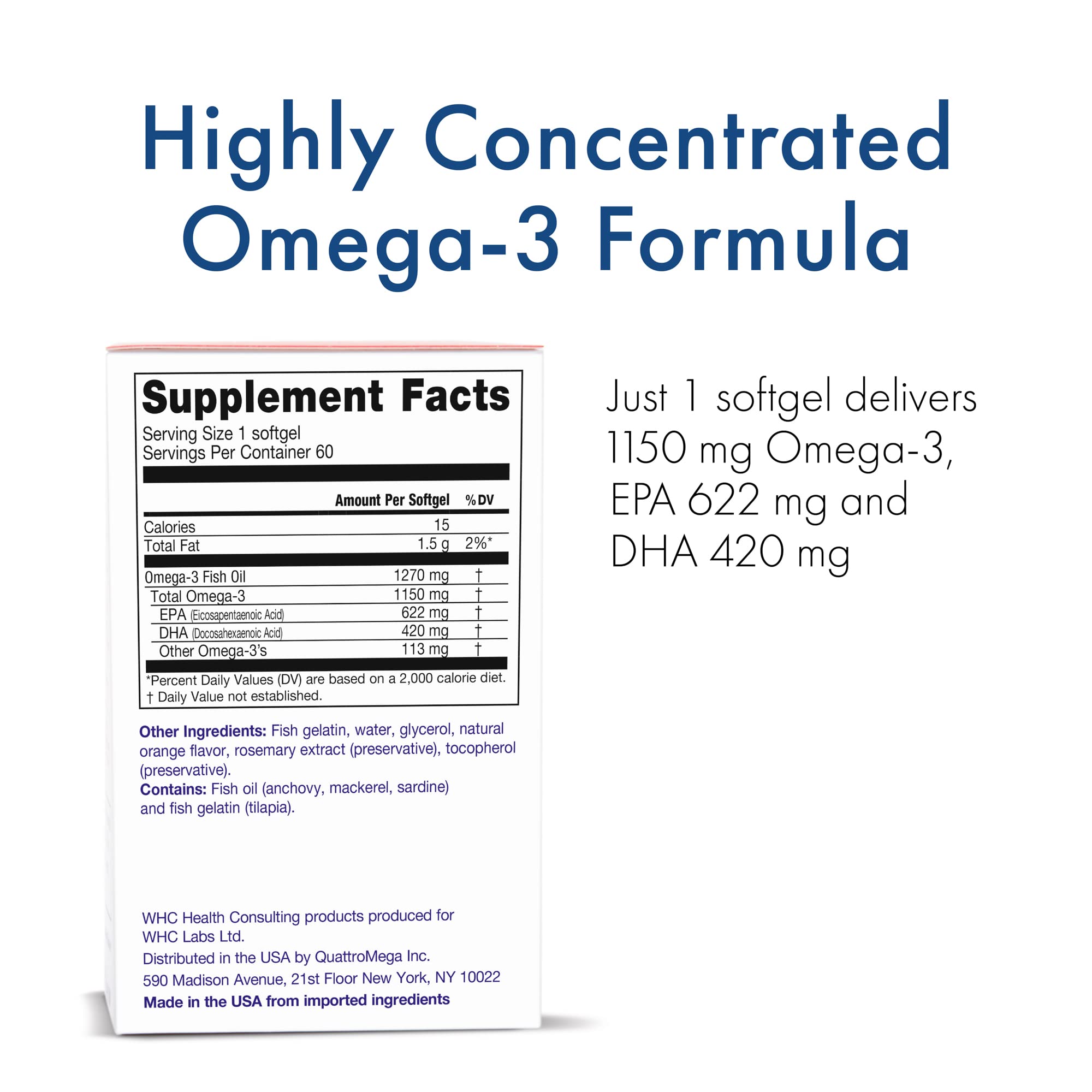 Close-up of WHC UnoCardio X2 softgels highlighting EPA and DHA content
