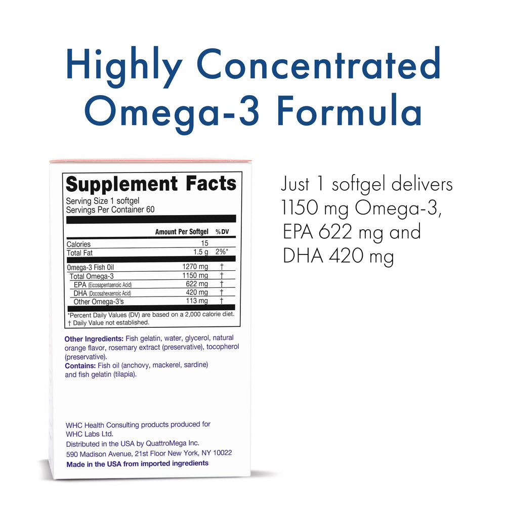 Close-up of WHC UnoCardio X2 softgels highlighting EPA and DHA content