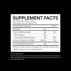 Whippy Brands Creatine Gummies bottle label close-up with dosage details