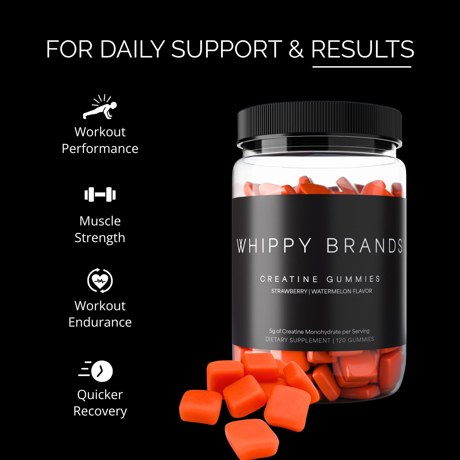 Whippy Brands Creatine Gummies close-up texture emphasizes chewy form