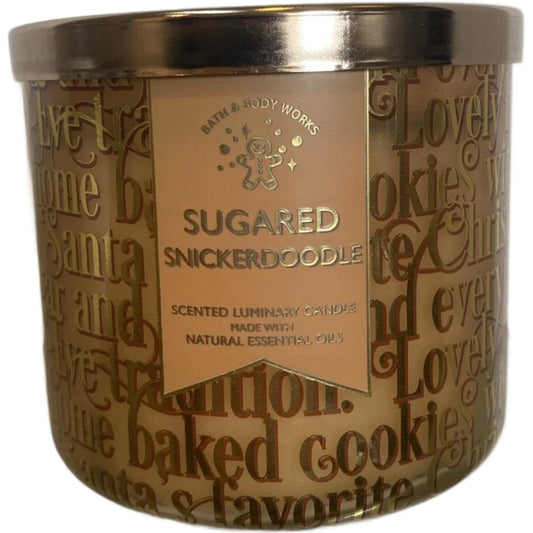 White Barn Sugared Snickerdoodle candle label close-up highlighting essential oils for soothing mood.