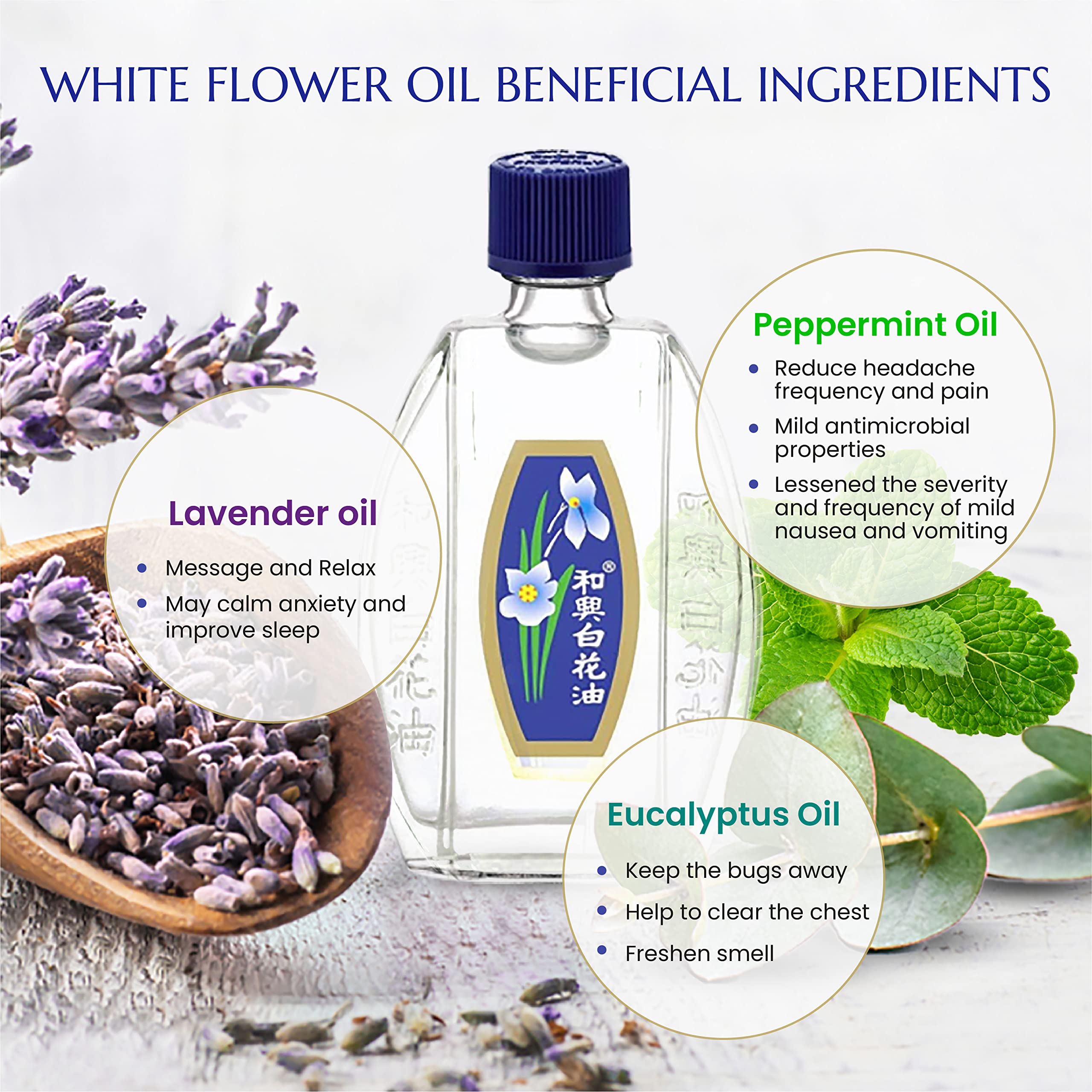 Close-up of White Flower Balm Oil label with travel-friendly 20 ml size.