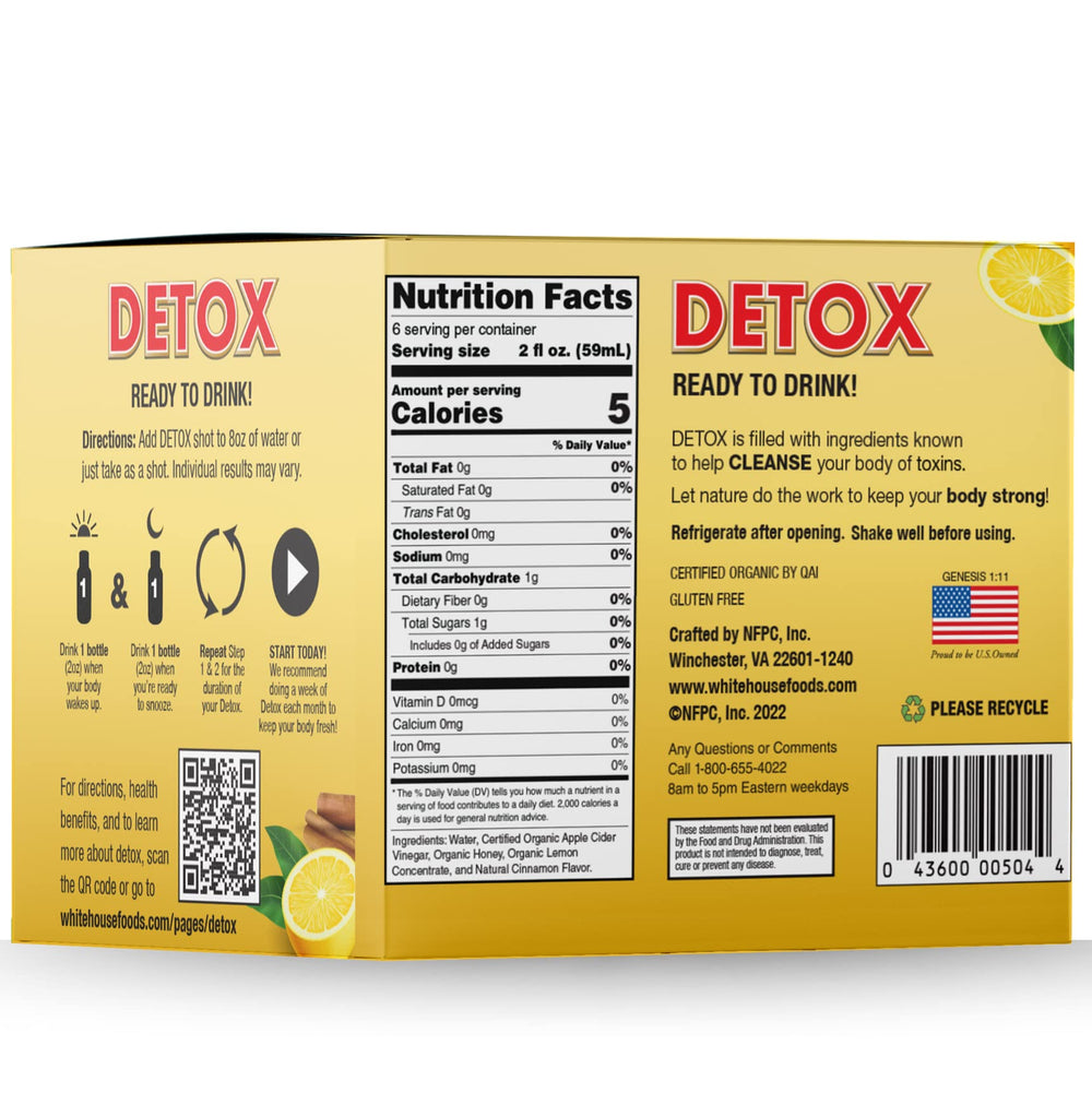 White House Detox shot front-label detail highlights raw formula