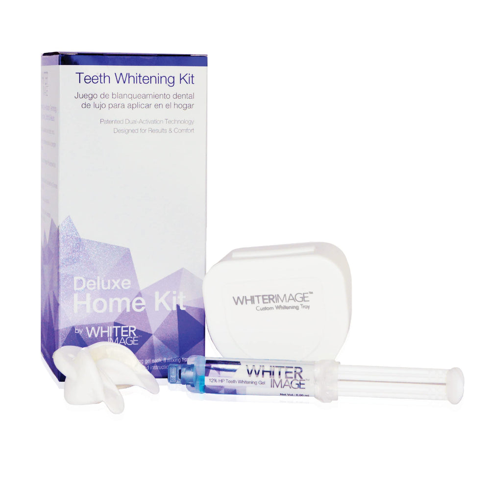 Whiter Image Deluxe teeth whitening kit targets discoloration for a brighter smile.