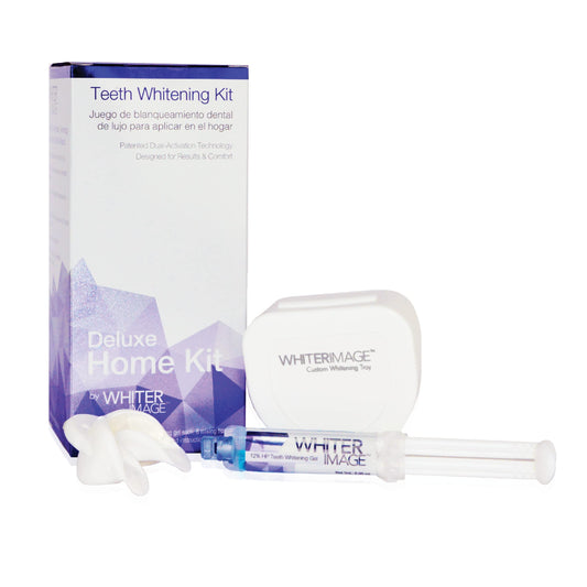 Whiter Image Deluxe teeth whitening kit targets discoloration for a brighter smile.