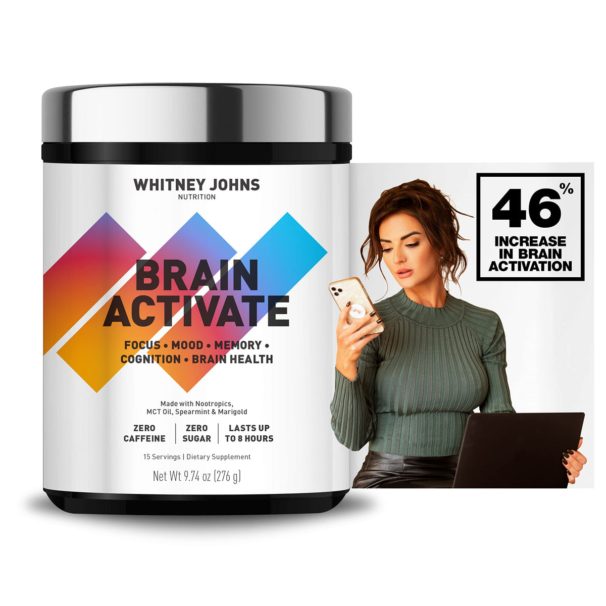 Whitney Johns Brain Activate bottle with vanilla formula for focused energy