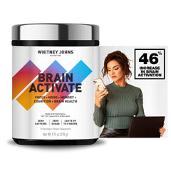 Whitney Johns Brain Activate bottle with vanilla formula for focused energy