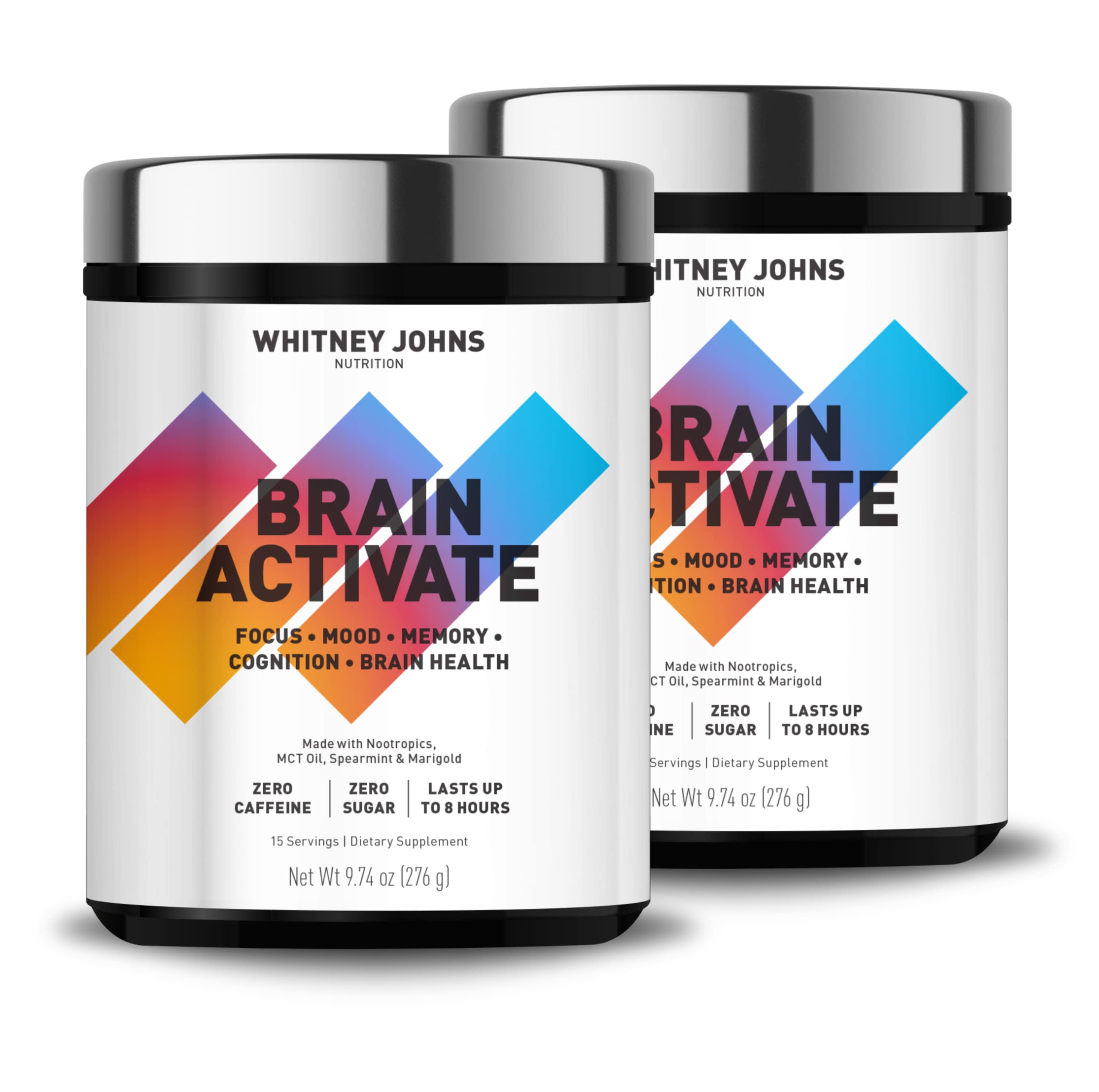 Packaging front featuring Whitney Johns branding and key benefits