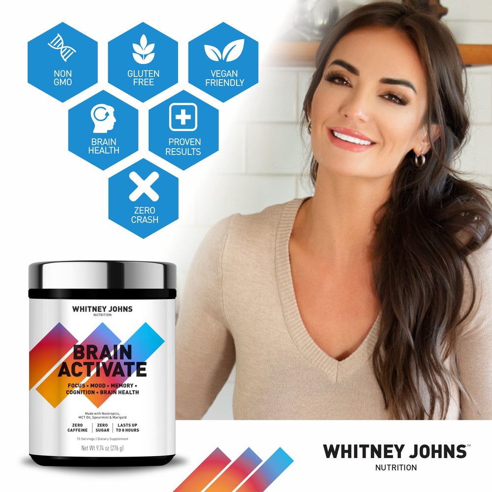 Close-up of Brain Activate label showing vanilla formula and ingredients for sustained focus