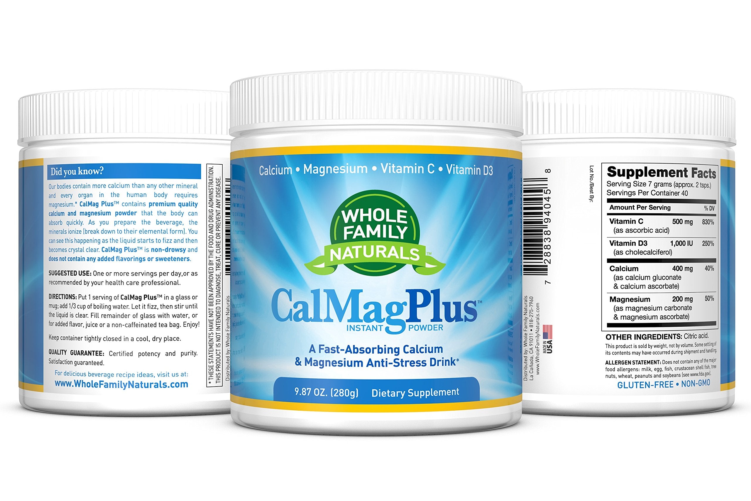 Whole Family Naturals CalMag Plus usa-sourced ingredients note on packaging
