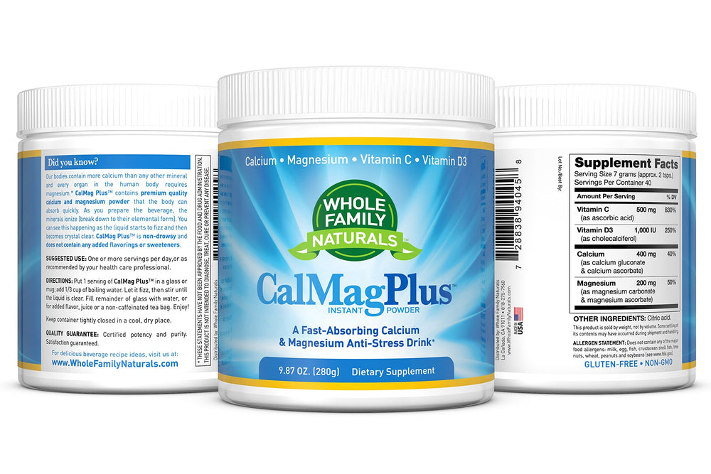 Whole Family Naturals CalMag Plus usa-sourced ingredients note on packaging