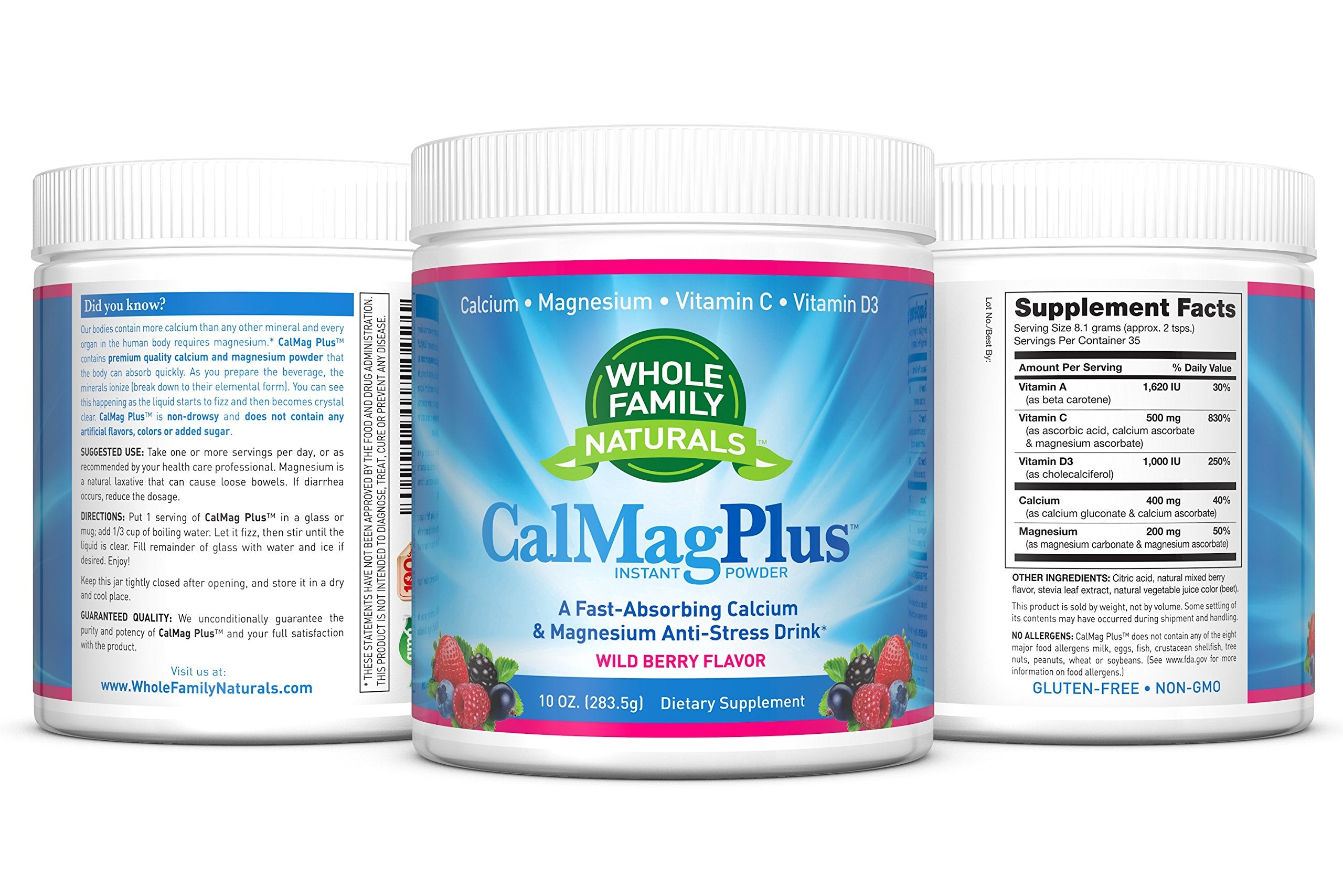 Gluten free and non GMO CalMag Plus powder packaging signals clean nutrition