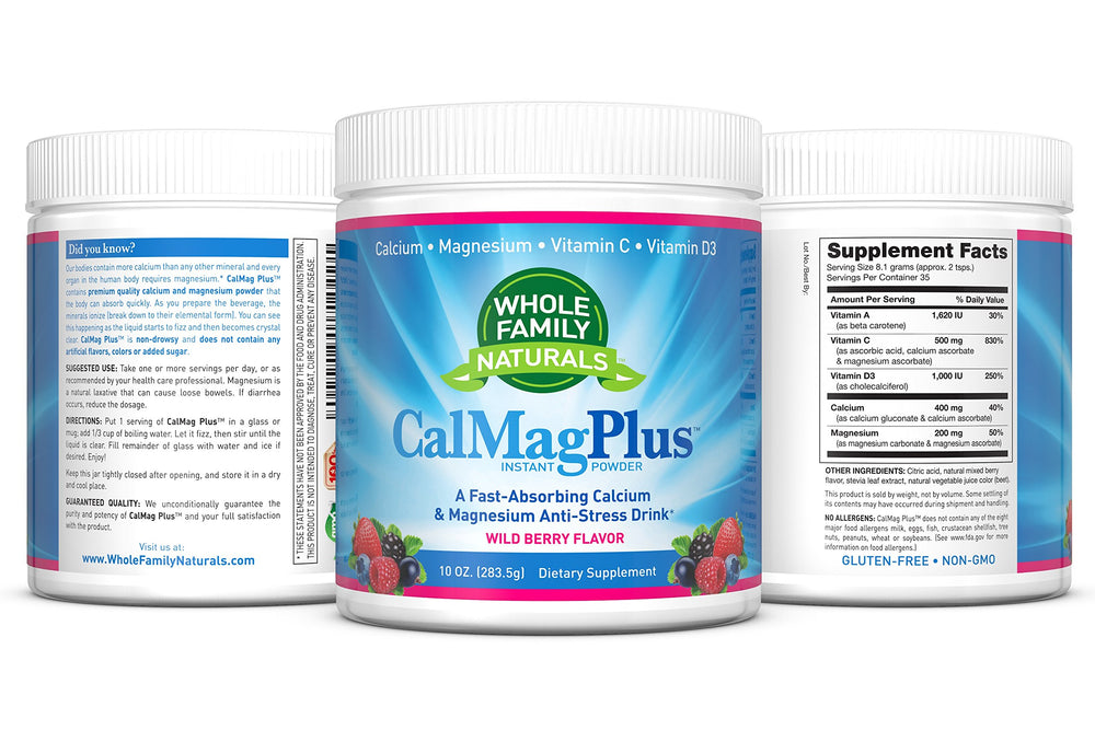 Gluten free and non GMO CalMag Plus powder packaging signals clean nutrition